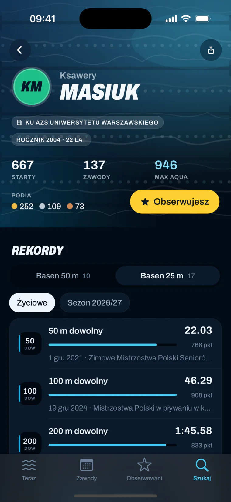 Profil zawodnika w ciemnym motywie